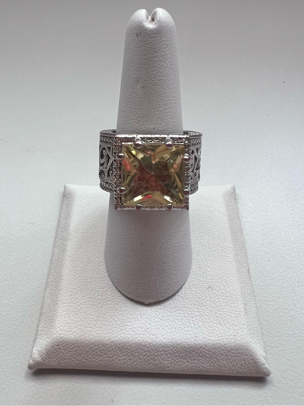 Large Silver Colored Filigree Yellow Gemstone Cocktail Ring Size 9